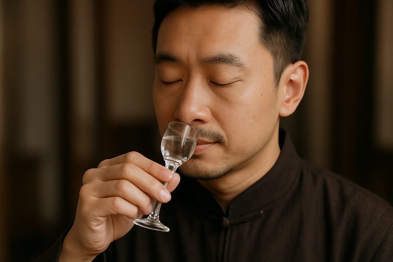 图片尺寸600*800像素，摄影风格。一个中国人，微闭双眼，拿着一个白酒的酒杯，放在鼻子下面，闻白酒的味道