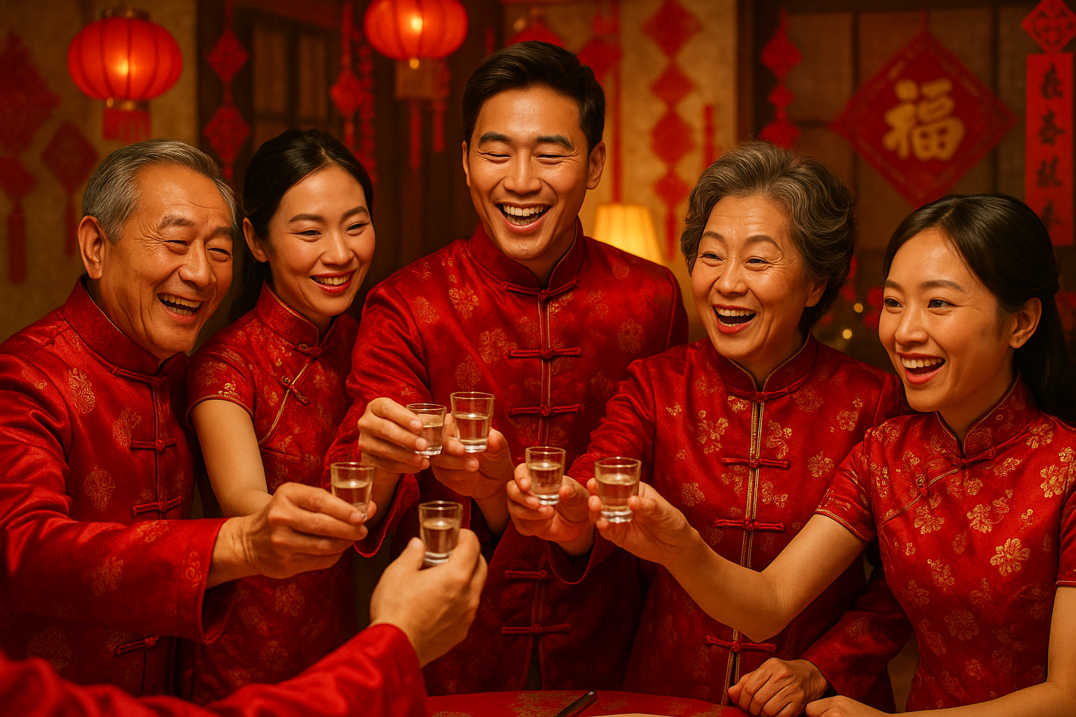 一群人在一起举杯白酒，庆祝中国新年的画面，穿的喜庆点